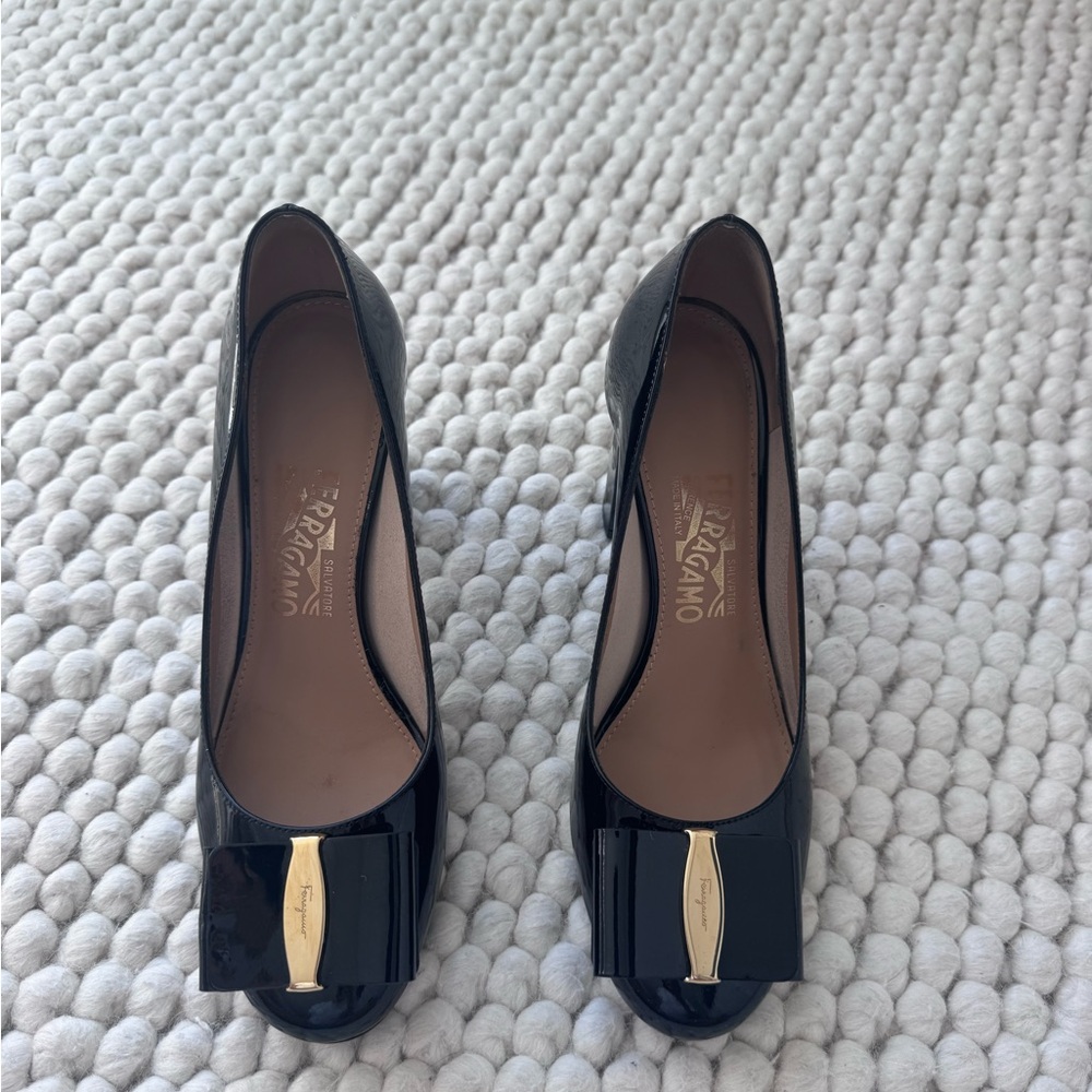 Salvatore Ferragamo Black Patent Bow Pumps with Gold Plaque